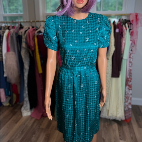 Teal Houndstooth Vintage Dress Two Piece - Picture 1 of 10
